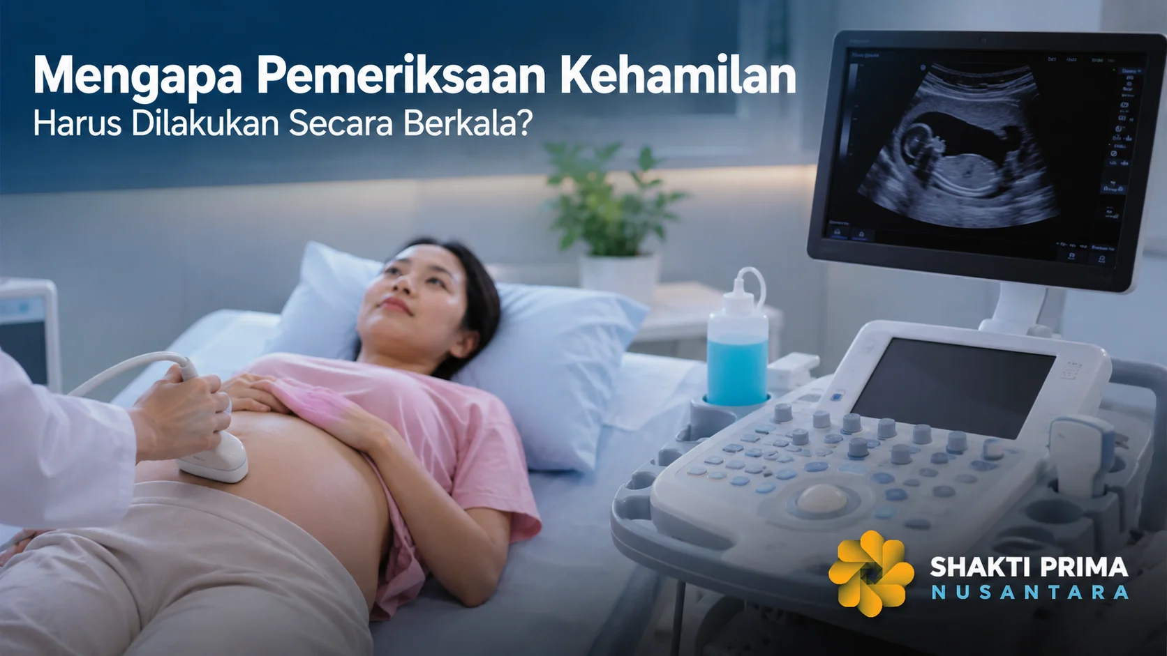 Pemeriksaan kehamilan menggunakan alat USG untuk memantau perkembangan janin dan kondisi ibu secara berkala.
