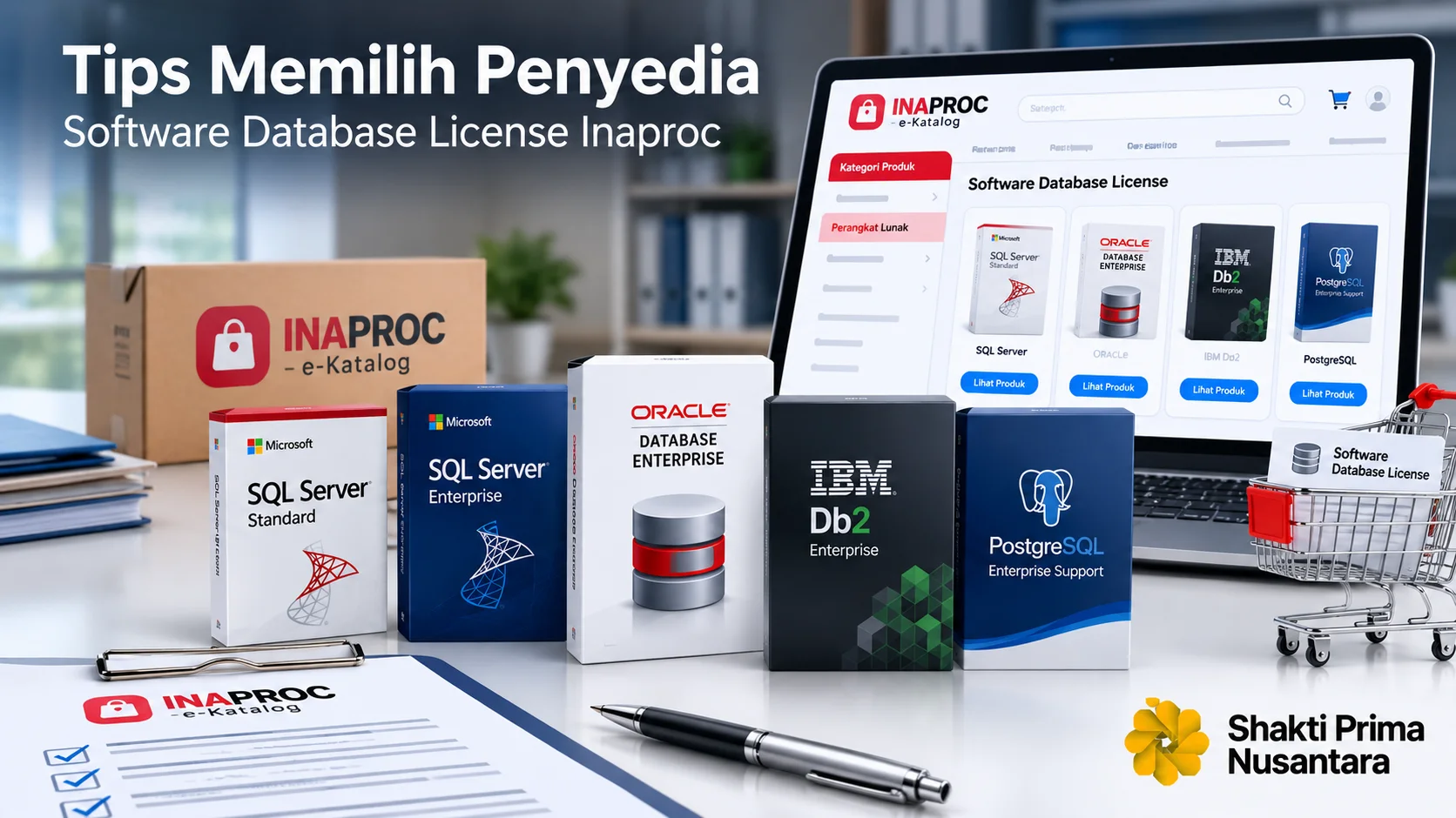 Beragam software database enterprise ditampilkan dalam ekosistem INAPROC sebagai ilustrasi pemilihan penyedia software database license untuk kebutuhan pengadaan.
