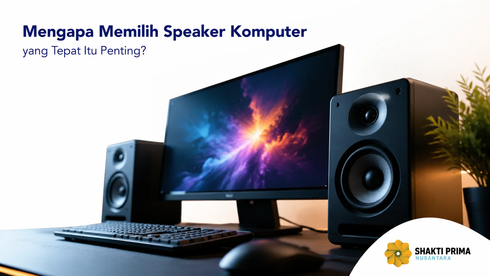 Speaker komputer modern pada meja kerja untuk mendukung kualitas audio dalam kebutuhan kerja dan multimedia.
