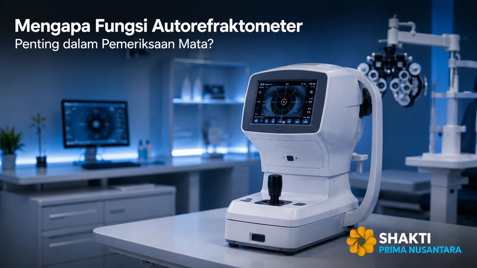 Autorefraktometer modern di ruang pemeriksaan mata sebagai alat untuk mengukur kondisi refraksi mata secara cepat dan akurat.