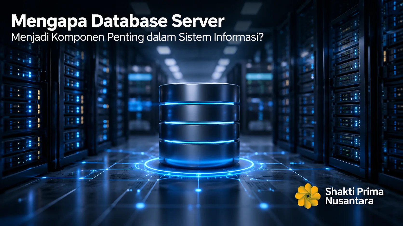 Database server modern di dalam data center sebagai ilustrasi komponen utama yang mendukung penyimpanan, pengelolaan, dan akses data pada sistem informasi.
