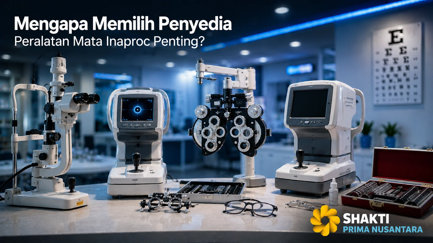 Berbagai peralatan pemeriksaan mata profesional di ruang optik modern sebagai ilustrasi pentingnya memilih penyedia peralatan mata melalui INAPROC.