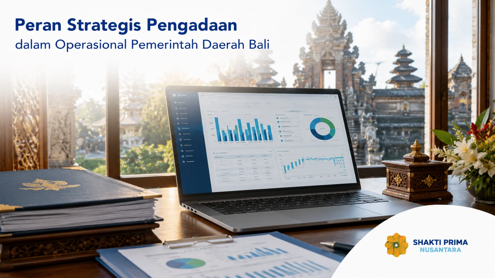 Laptop bisnis dengan dashboard pengadaan digital yang mendukung operasional pemerintah daerah secara efisien dan modern.