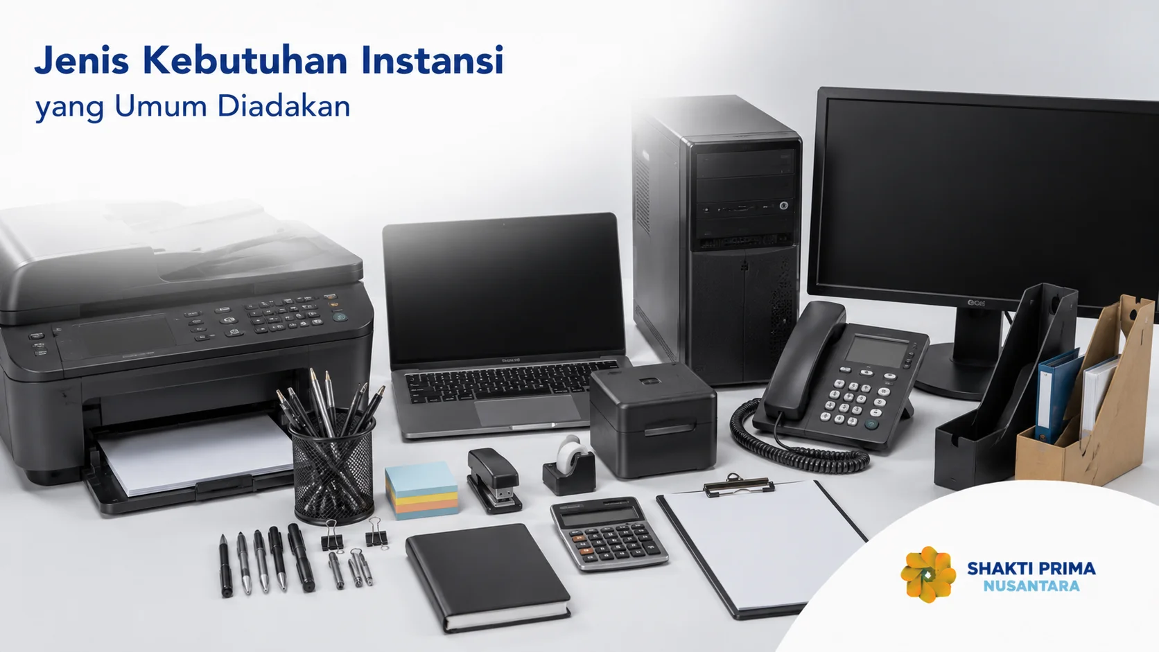 Beragam perangkat kantor dan teknologi yang umum digunakan untuk mendukung operasional instansi dan aktivitas administrasi.