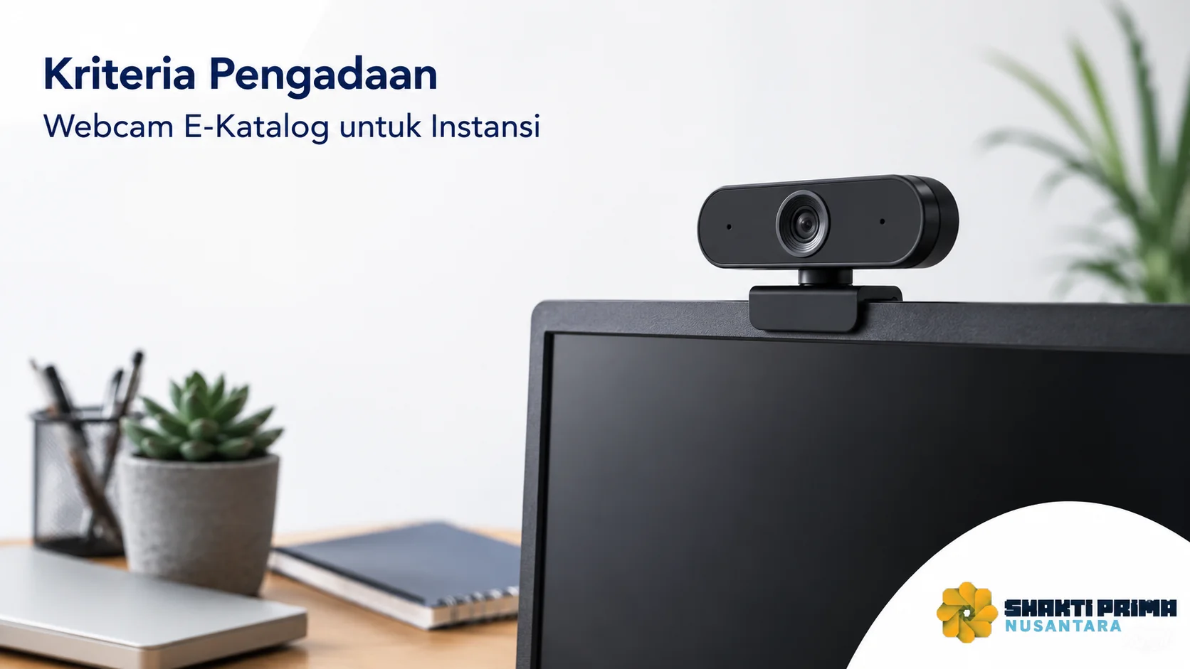 Webcam berkualitas tinggi pada monitor kerja untuk mendukung kebutuhan konferensi video dan kolaborasi di instansi.