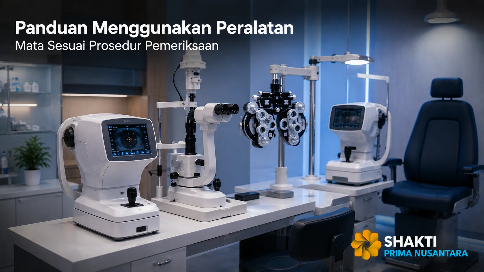 Berbagai peralatan pemeriksaan mata modern tersusun di ruang klinik sebagai ilustrasi penggunaan alat sesuai prosedur pemeriksaan.