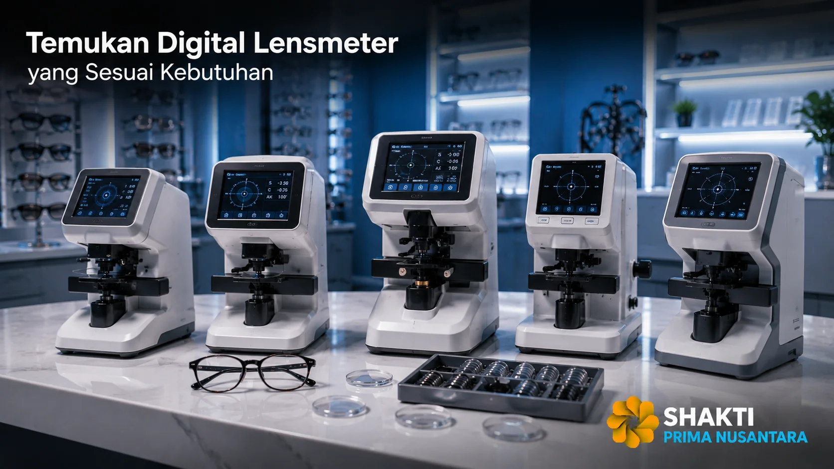 Beberapa digital lensmeter modern ditampilkan di ruang optik sebagai ilustrasi pilihan alat yang dapat disesuaikan dengan kebutuhan pemeriksaan lensa.