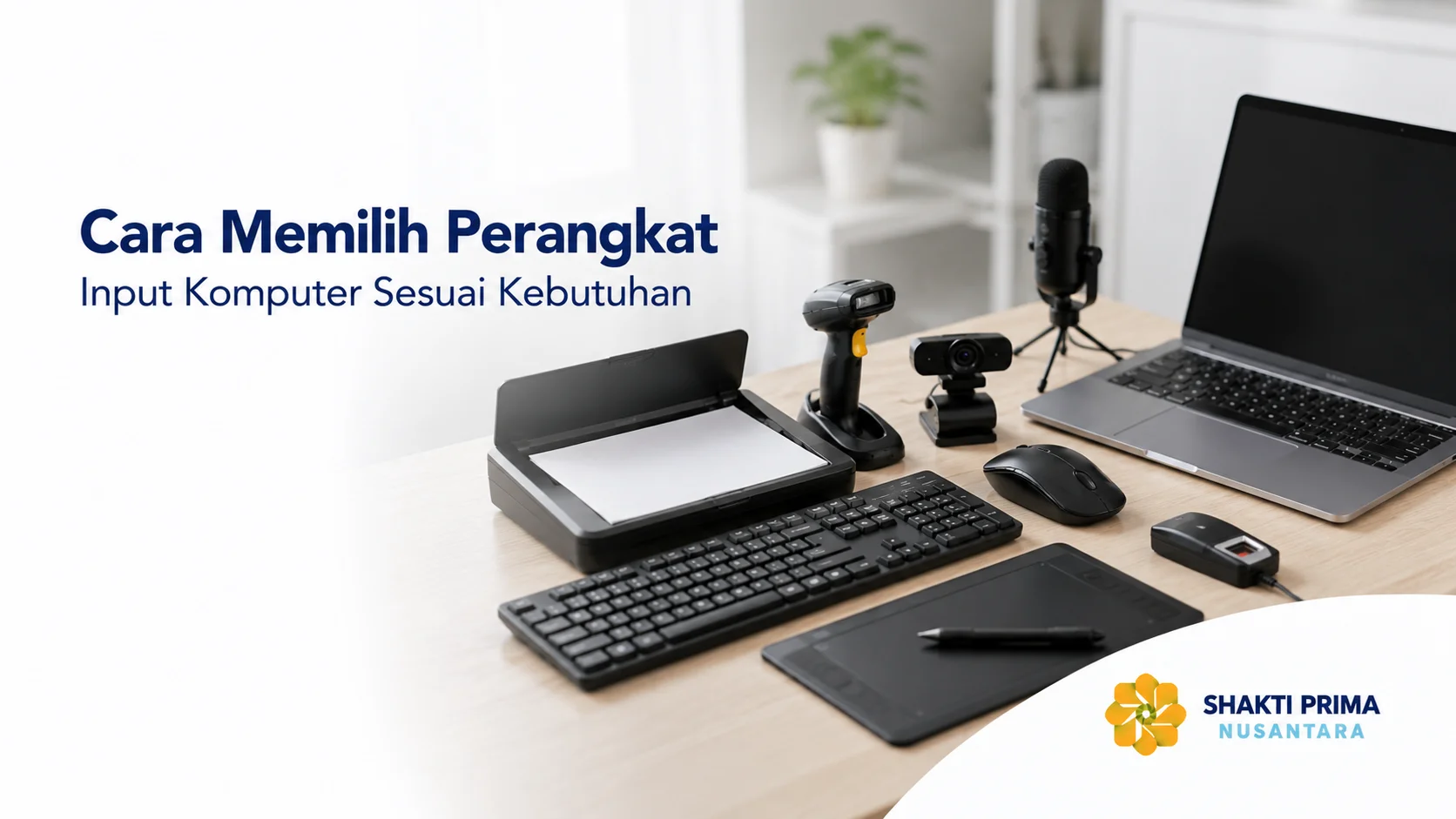 Berbagai perangkat input komputer seperti keyboard, mouse, scanner, webcam, barcode scanner, dan graphic tablet untuk mendukung kebutuhan kerja modern.