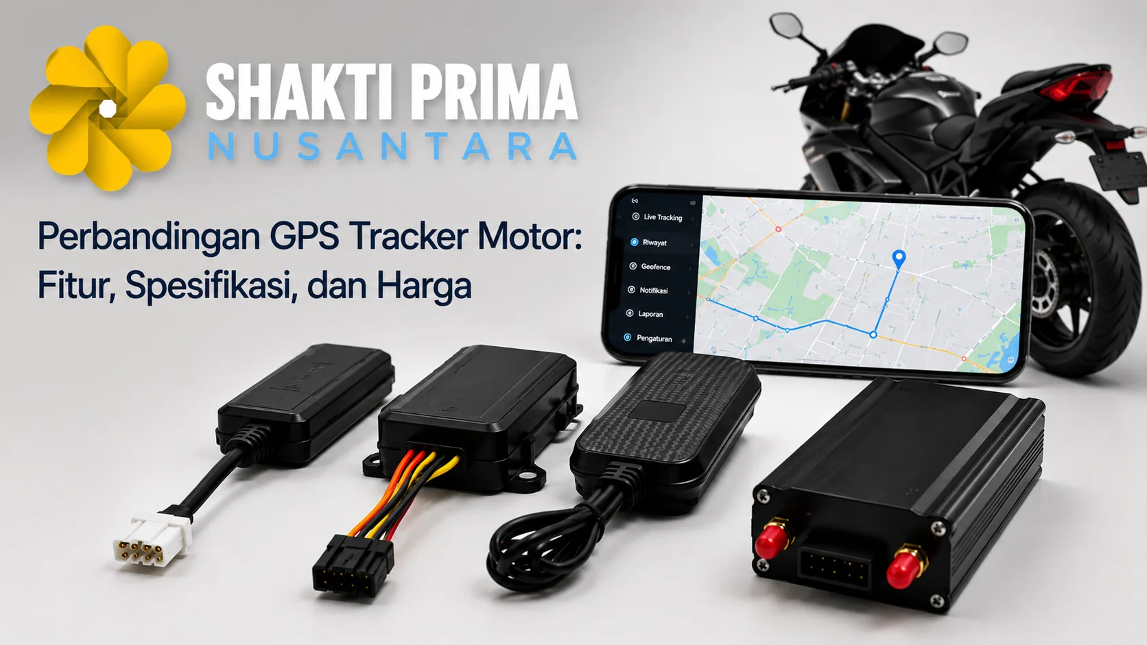 Perbandingan berbagai GPS tracker motor beserta fitur, spesifikasi, dan harga untuk kebutuhan pelacakan kendaraan oleh Shakti Prima Nusantara.