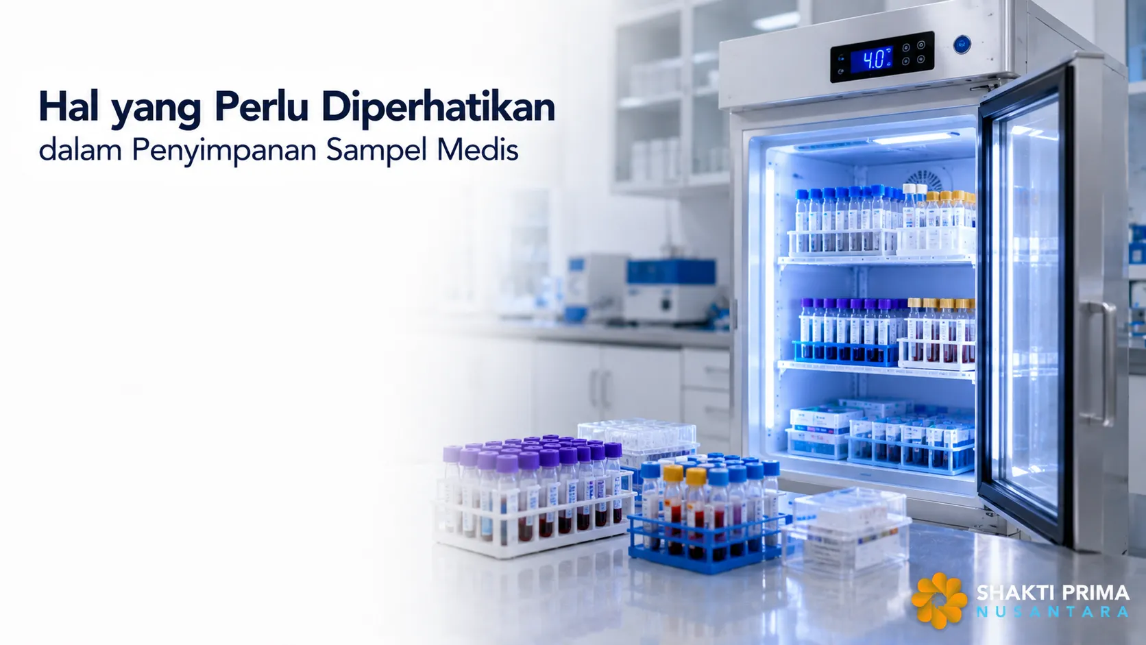 Medical refrigerator dengan rak sampel medis tersusun rapi untuk menjaga stabilitas suhu dan kualitas spesimen laboratorium.