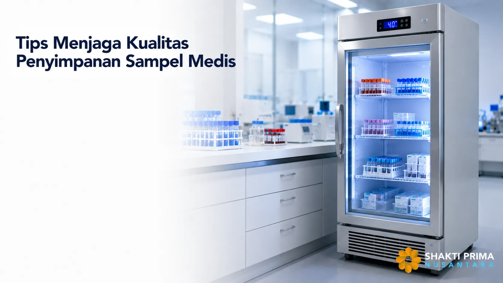 Medical refrigerator dengan sampel medis tersusun rapi pada suhu stabil untuk menjaga kualitas spesimen laboratorium.