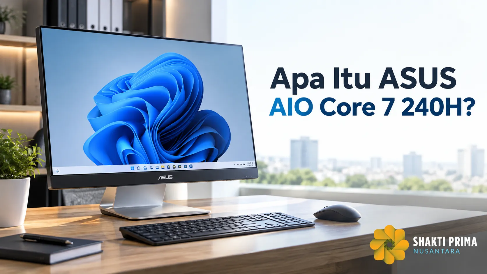 ASUS AIO Core 7 240H untuk kebutuhan komputasi dengan desain all-in-one modern di ruang kerja profesional