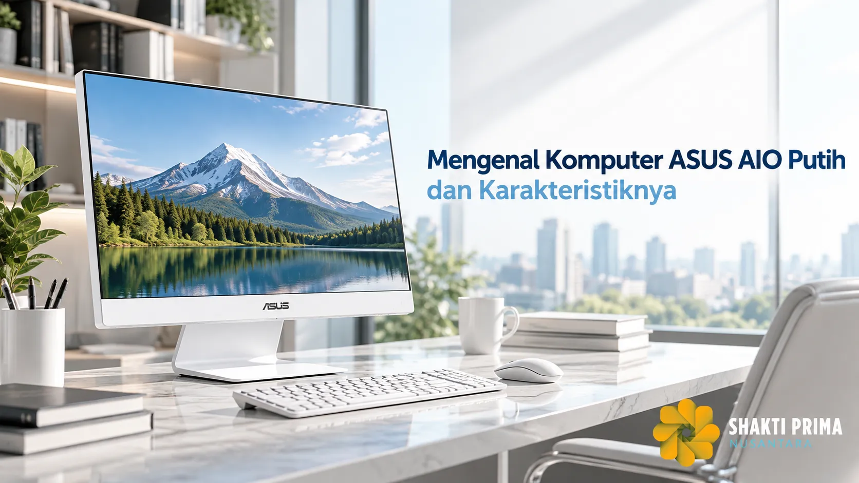 Komputer ASUS AIO putih dengan desain all-in-one dan karakteristik modern untuk kebutuhan kerja.