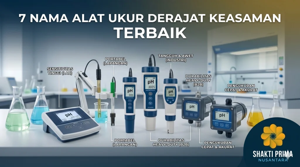 Infografis 7 alat ukur derajat keasaman (pH meter) terbaik dari Shakti Prima Nusantara untuk berbagai kebutuhan. Menampilkan pH meter laboratorium dengan sensitivitas tinggi, alat ukur portabel untuk lapangan, alat industri yang tangguh, hingga sensor pengukuran cepat dan akurat untuk B2B.