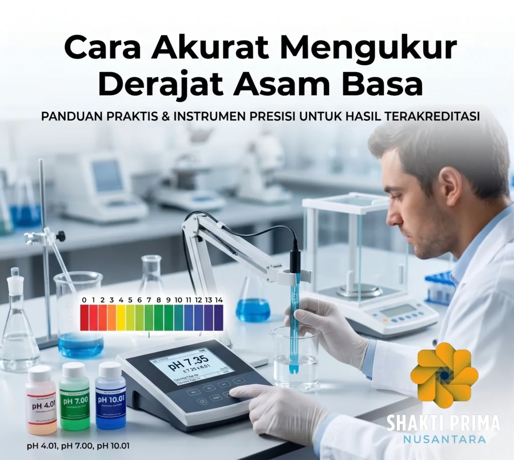 Panduan cara akurat mengukur derajat asam basa (pH) menggunakan instrumen presisi dari Shakti Prima Nusantara. Menampilkan peneliti di laboratorium sedang menggunakan pH meter digital dengan cairan kalibrasi pH 4.01, 7.00, dan 10.01 untuk hasil pengujian terakreditasi.