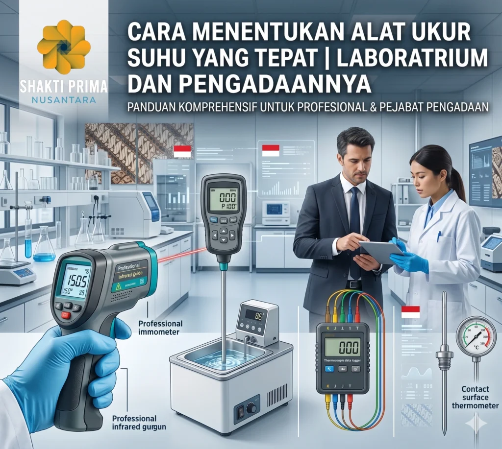 Panduan cara menentukan alat ukur suhu yang tepat untuk laboratorium dan pengadaan oleh Shakti Prima Nusantara, menampilkan termometer inframerah, thermocouple data logger, dan alat ukur suhu permukaan profesional.