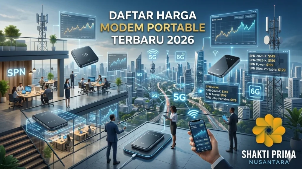 Katalog harga modem portable SPN 2026 dengan teknologi 5G dan 6G. Menampilkan perangkat modem canggih dalam lingkungan kerja profesional dan dashboard analisis data dari Shakti Prima Nusantara.