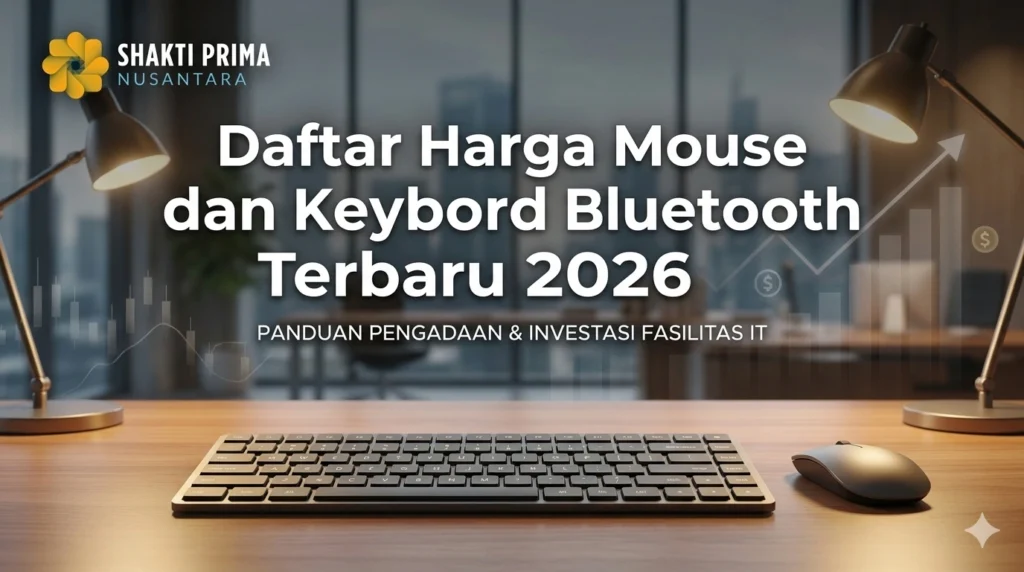 Banner promosi dari Shakti Prima Nusantara yang menampilkan keyboard dan mouse wireless di atas meja kayu dengan latar belakang kantor yang estetik. Teks utama berbunyi: 'Daftar Harga Mouse dan Keybord Bluetooth Terbaru 2026 - PANDUAN PENGADAAN & INVESTASI FASILITAS IT'.