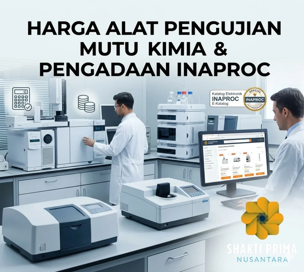 Informasi harga alat pengujian mutu kimia dan layanan pengadaan INAPROC dari Shakti Prima Nusantara, menampilkan laboratorium modern dengan instrumen canggih dan akses E-Katalog resmi.