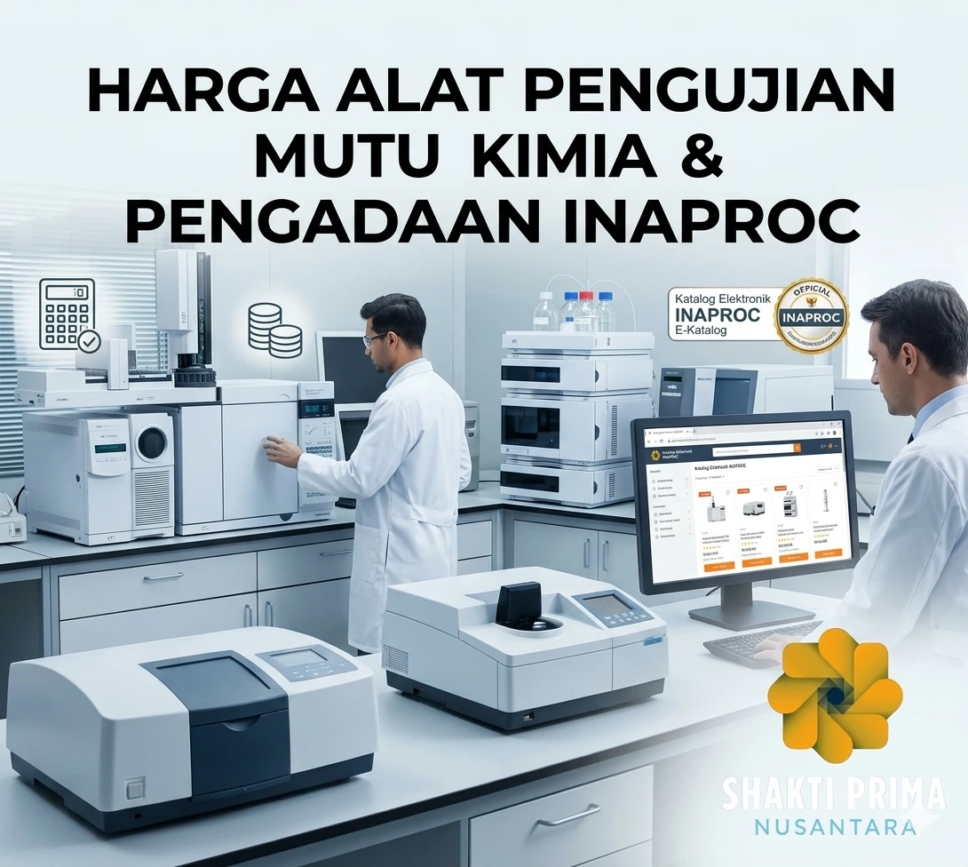Informasi harga alat pengujian mutu kimia dan layanan pengadaan INAPROC dari Shakti Prima Nusantara, menampilkan laboratorium modern dengan instrumen canggih dan akses E-Katalog resmi.