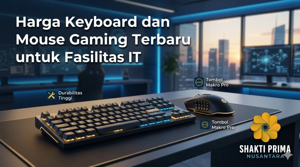 Infografis dari Shakti Prima Nusantara berjudul 'Harga Keyboard dan Mouse Gaming Terbaru untuk Fasilitas IT'. Gambar menampilkan keyboard mekanik RGB dan mouse gaming dengan banyak tombol samping di atas meja kerja gelap. Latar belakang menunjukkan ruang pusat data atau studio IT dengan pencahayaan neon biru. Terdapat label fitur: Durabilitas Tinggi dan Tombol Makro Pro.