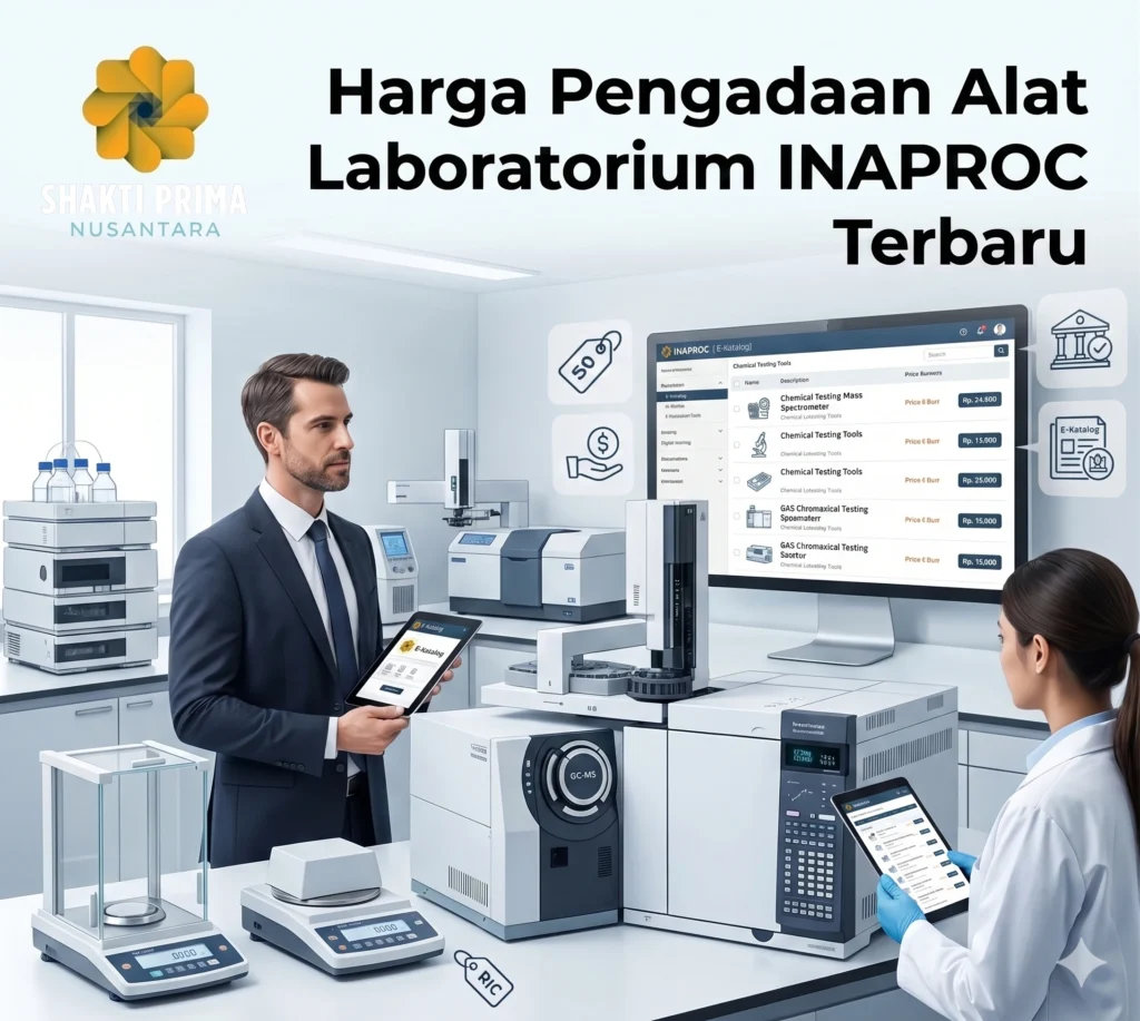 Informasi harga alat pengujian mutu kimia dan layanan pengadaan INAPROC dari Shakti Prima Nusantara, menampilkan laboratorium modern dengan instrumen canggih dan akses E-Katalog resmi.