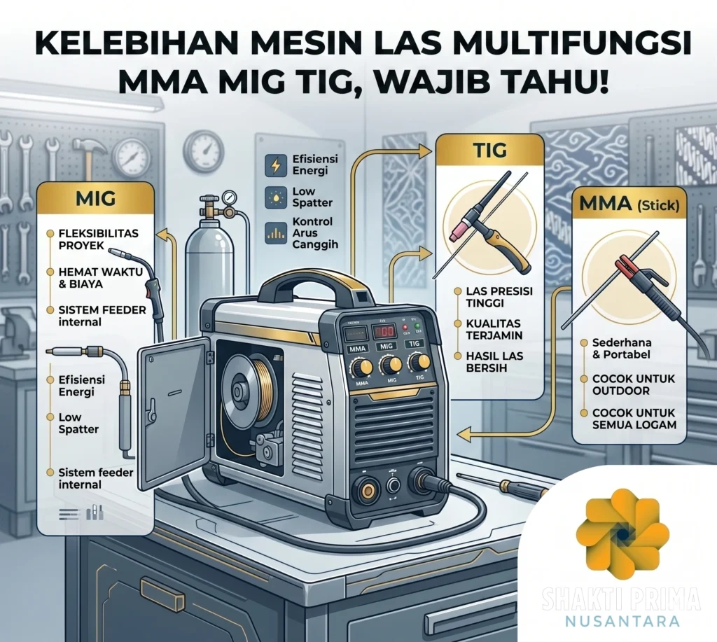 Infografis dari Shakti Prima Nusantara yang menjelaskan keunggulan mesin las multifungsi. Fitur utama mencakup efisiensi energi, 'low spatter', dan kontrol arus canggih. Detail setiap mode: MIG (fleksibel, hemat waktu, sistem feeder internal), TIG (presisi tinggi, hasil bersih), dan MMA (sederhana, portabel, cocok untuk outdoor dan semua logam).