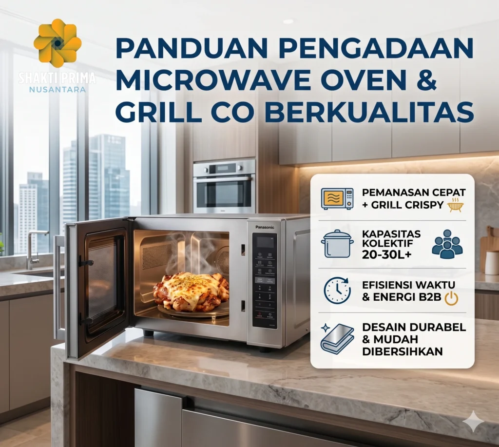 Infografis Panduan Pengadaan Microwave Oven & Grill and Combo dari Shakti Prima Nusantara. Gambar menampilkan microwave Panasonic perak yang terbuka dengan ayam panggang di dalamnya di atas meja dapur. Di sebelah kanan terdapat daftar fitur: pemanasan cepat + grill crispy, kapasitas kolektif 20-30L+, efisiensi waktu & energi B2B, serta desain durabel yang mudah dibersihkan.