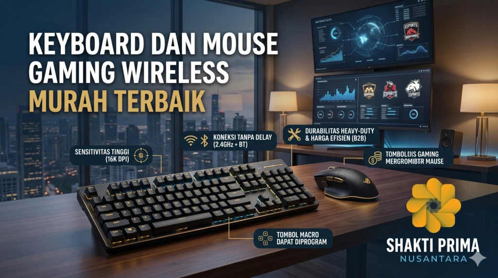 Banner promosi Shakti Prima Nusantara menampilkan keyboard dan mouse gaming wireless di atas meja dengan latar belakang pemandangan kota malam hari. Teks utama: 'KEYBOARD DAN MOUSE GAMING WIRELESS MURAH TERBAIK'. Gambar juga menonjolkan fitur seperti sensitivitas 16K DPI, koneksi 2.4GHz + BT, durabilitas heavy-duty, dan tombol macro yang dapat diprogram.