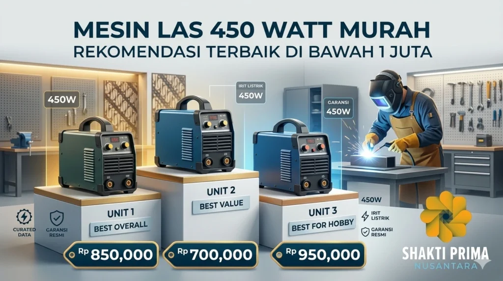 Daftar harga mesin las 450 watt murah di bawah 1 juta dari Shakti Prima Nusantara, perbandingan Unit 1 Best Overall, Unit 2 Best Value, dan Unit 3 Best For Hobby.