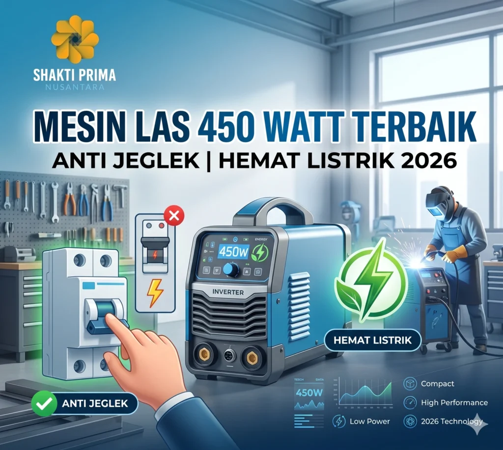 Mesin las 450 Watt terbaik anti jeglek dari Shakti Prima Nusantara, inverter hemat listrik 2026 yang cocok untuk daya listrik rumah tangga kecil.