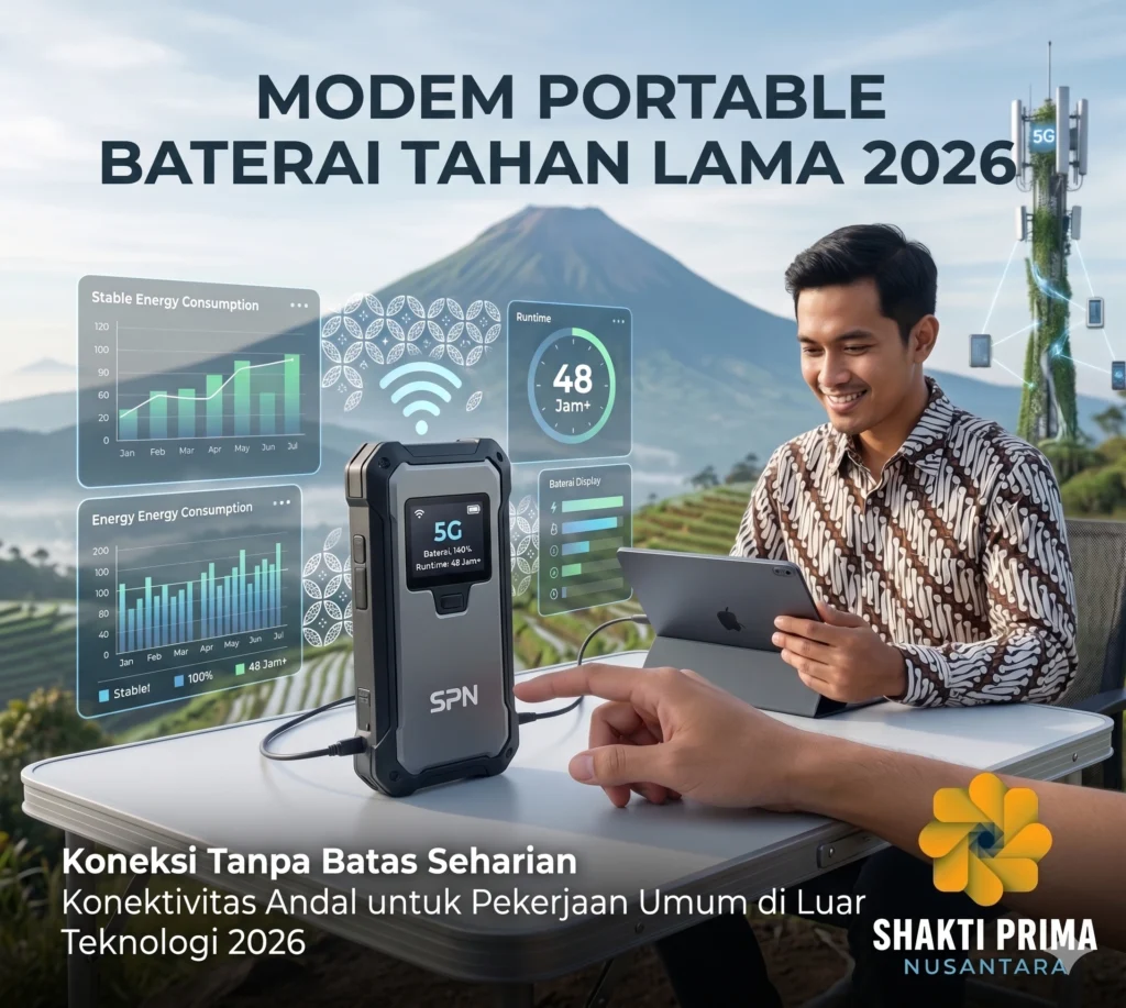 Infografis Modem Portable Baterai Tahan Lama 2026 Shakti Prima Nusantara. Menampilkan perangkat modem 5G dengan fitur hemat energi, daya tahan baterai 48 jam lebih, dan konektivitas tanpa batas untuk pekerjaan lapangan.