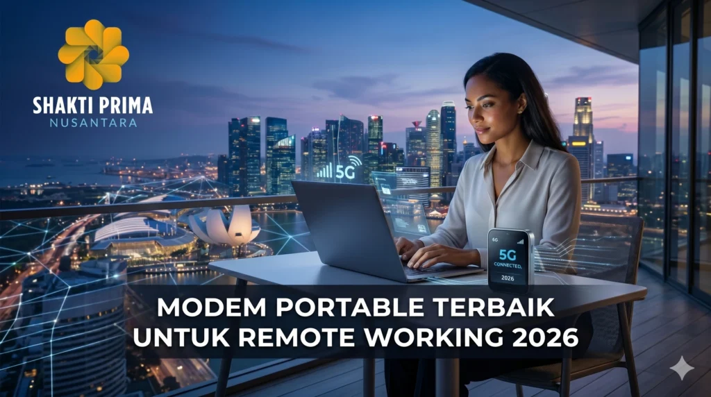 Seorang wanita bekerja menggunakan laptop dan modem portable 5G Shakti Prima Nusantara di balkon dengan latar belakang pemandangan kota malam hari.
