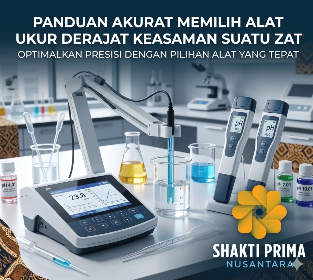 Panduan akurat memilih alat ukur derajat keasaman suatu zat (pH meter) dari Shakti Prima Nusantara. Menampilkan berbagai instrumen laboratorium presisi seperti benchtop pH meter dengan layar digital, pH meter portabel, serta larutan buffer pH 4.01, 7.00, dan 10.01 untuk kalibrasi akurat.
