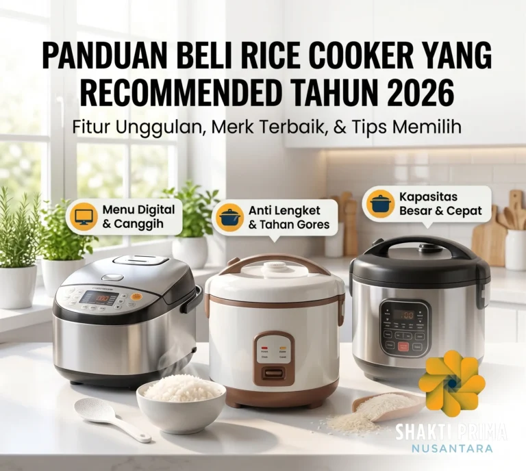 Infografis promosi dari Shakti Prima Nusantara berjudul 'Panduan Beli Rice Cooker yang Recommended Tahun 2026'. Gambar menampilkan tiga jenis rice cooker yang berbeda: satu model digital perak, satu model klasik putih-cokelat, dan satu model digital hitam berkapasitas besar. Terdapat tiga poin fitur utama yaitu: Menu Digital & Canggih, Anti Lengket & Tahan Gores, serta Kapasitas Besar & Cepat. Di depan rice cooker terdapat semangkuk nasi putih, sendok nasi, dan tumpahan beras di atas meja kayu.
