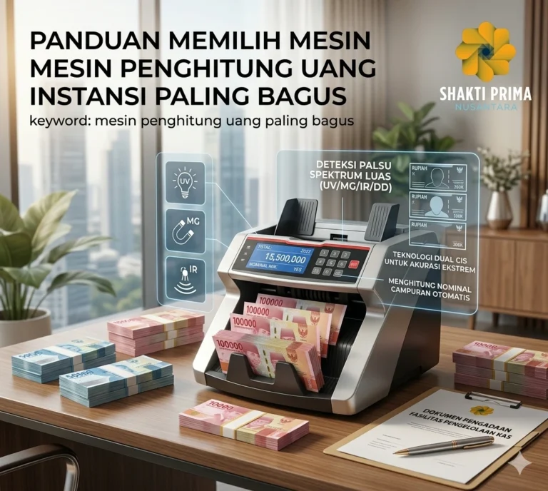 Infografis dari Shakti Prima Nusantara berjudul 'Panduan Memilih Mesin Penghitung Uang Instansi Paling Bagus'. Gambar menampilkan mesin penghitung uang modern di atas meja kantor yang sedang menghitung tumpukan uang Rupiah 100.000. Terdapat ikon fitur teknologi seperti UV, MG, dan IR, serta teks penjelasan mengenai deteksi uang palsu spektrum luas dan teknologi Dual CIS.