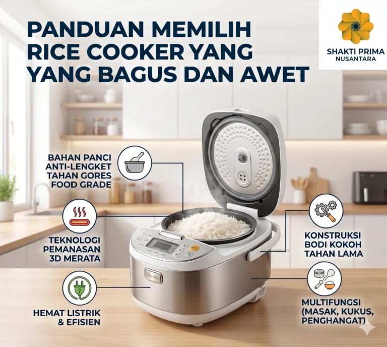 Infografis dari Shakti Prima Nusantara berjudul 'Panduan Memilih Rice Cooker yang Bagus dan Awet'. Gambar menampilkan sebuah rice cooker digital modern berwarna silver yang terbuka dan berisi nasi putih di dapur yang cerah. Terdapat empat poin utama: bahan panci anti-lengket tahan gores food grade, teknologi pemanasan 3D merata, hemat listrik & efisien, konstruksi bodi kokoh tahan lama, serta multifungsi (masak, kukus, penghangat).