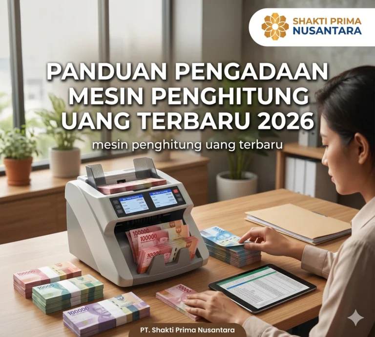 Panduan pengadaan mesin penghitung uang terbaru 2026 oleh PT Shakti Prima Nusantara. Menampilkan penggunaan alat hitung uang otomatis profesional di lingkungan kantor dengan mata uang Rupiah.