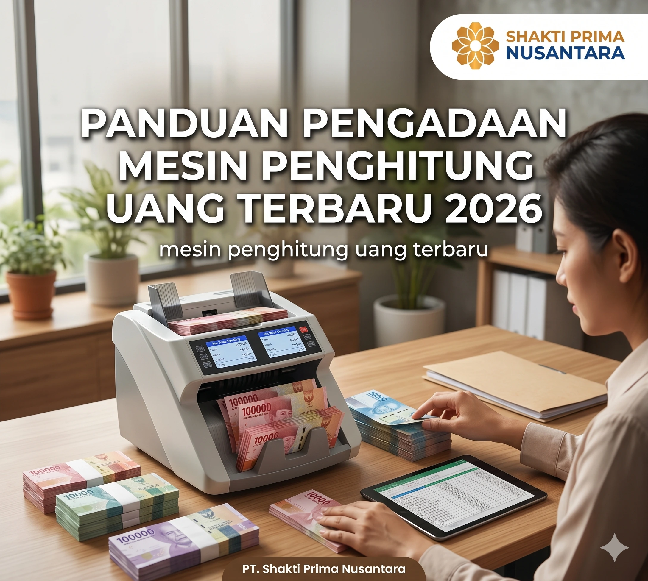 Panduan pengadaan mesin penghitung uang terbaru 2026 oleh PT Shakti Prima Nusantara. Menampilkan penggunaan alat hitung uang otomatis profesional di lingkungan kantor dengan mata uang Rupiah.