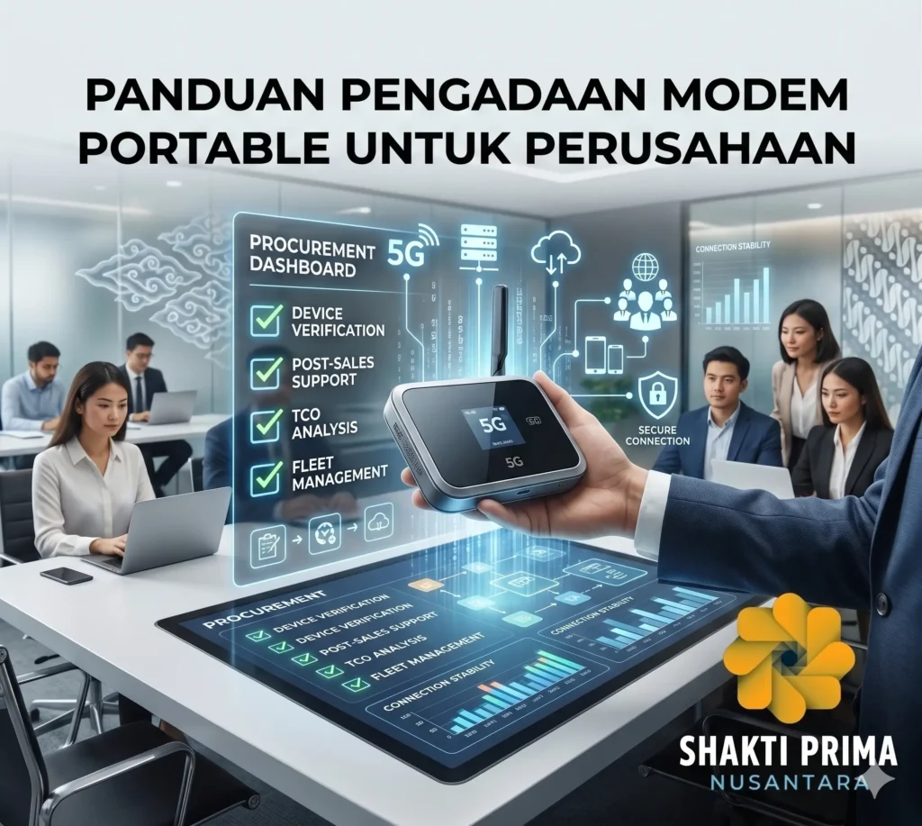 Infografis berjudul Panduan Pengadaan Modem Portable Perusahaan. Gambar menunjukkan tangan memegang modem 5G dengan latar belakang kantor dan dashboard digital yang menampilkan poin-poin seperti Device Verification, Post-Sales Support, dan TCO Analysis. Logo Shakti Prima Nusantara ada di pojok kanan bawah.