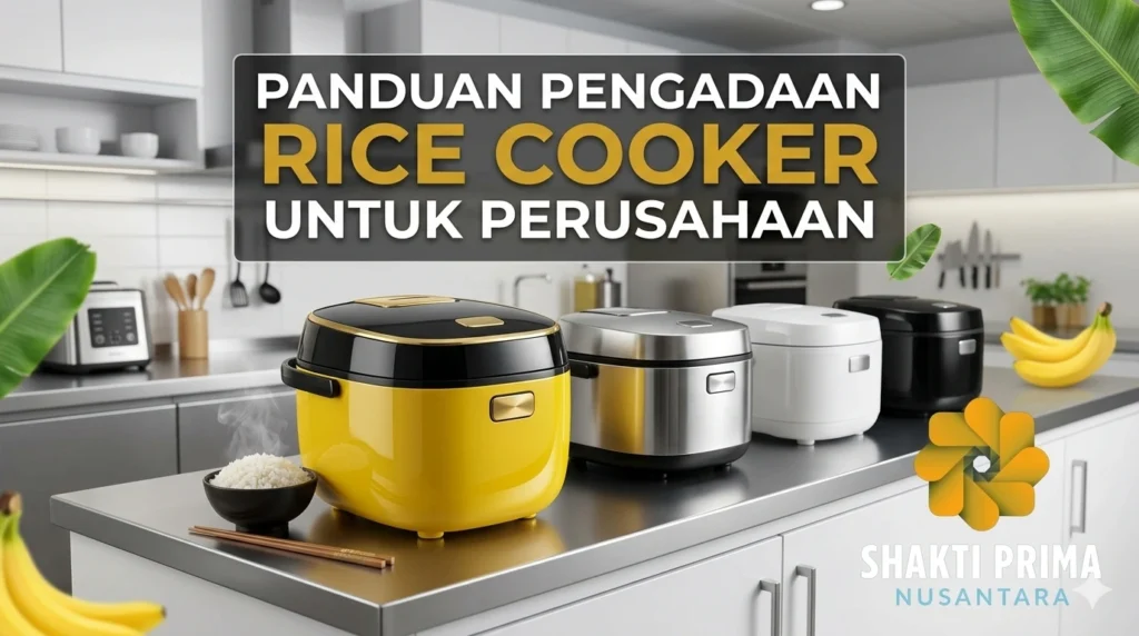 Infografis berjudul Panduan Pengadaan Rice Cooker Untuk Perusahaan. Menampilkan empat buah rice cooker dalam berbagai warna (kuning, perak, putih, hitam) di dapur modern. Terdapat semangkuk nasi hangat di sampingnya dan logo Shakti Prima Nusantara di pojok kanan bawah.