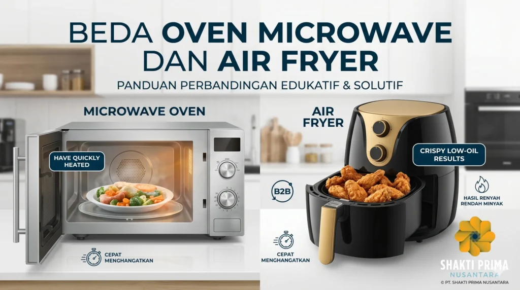 Infografis edukatif dari Shakti Prima Nusantara berjudul 'Beda Oven Microwave dan Air Fryer'. Sisi kiri menampilkan Microwave Oven perak berisi sayuran dengan teks 'Cepat Menghangatkan'. Sisi kanan menampilkan Air Fryer hitam-emas berisi ayam goreng renyah dengan teks 'Hasil Renyah Rendah Minyak'. Di tengah terdapat logo B2B dan logo Shakti Prima Nusantara di pojok kanan bawah.