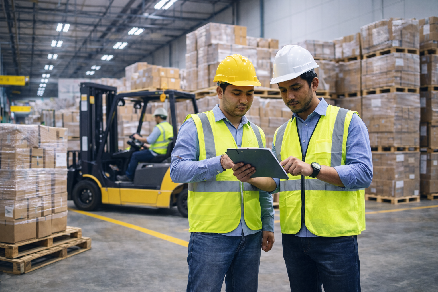 Pekerja warehouse berdiskusi di tablet