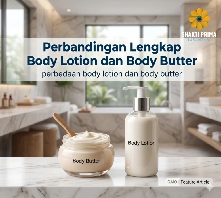 Infografis dari Shakti Prima Nusantara berjudul 'Perbandingan Lengkap Body Lotion dan Body Butter'. Gambar menampilkan produk body butter dalam jar kaca dengan spatula kayu dan botol pump putih berisi body lotion di atas meja marmer dengan latar belakang kamar mandi yang mewah.