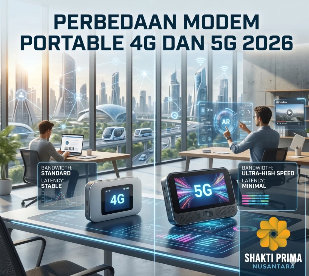Infografis perbedaan modem portable 4G dan 5G tahun 2026 yang menunjukkan perbedaan bandwidth ultra-high speed dan latensi minimal pada teknologi 5G.