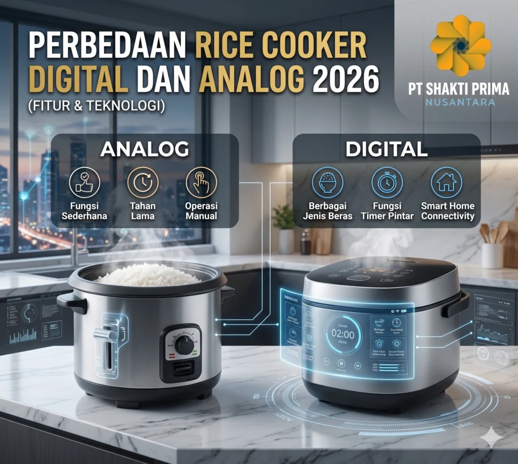 Infografis perbedaan fitur dan teknologi rice cooker digital vs analog 2026 oleh PT Shakti Prima Nusantara. Menampilkan perbandingan model analog dengan fitur sederhana dan tahan lama, serta model digital dengan fitur timer pintar, konektivitas smart home, dan opsi berbagai jenis beras.