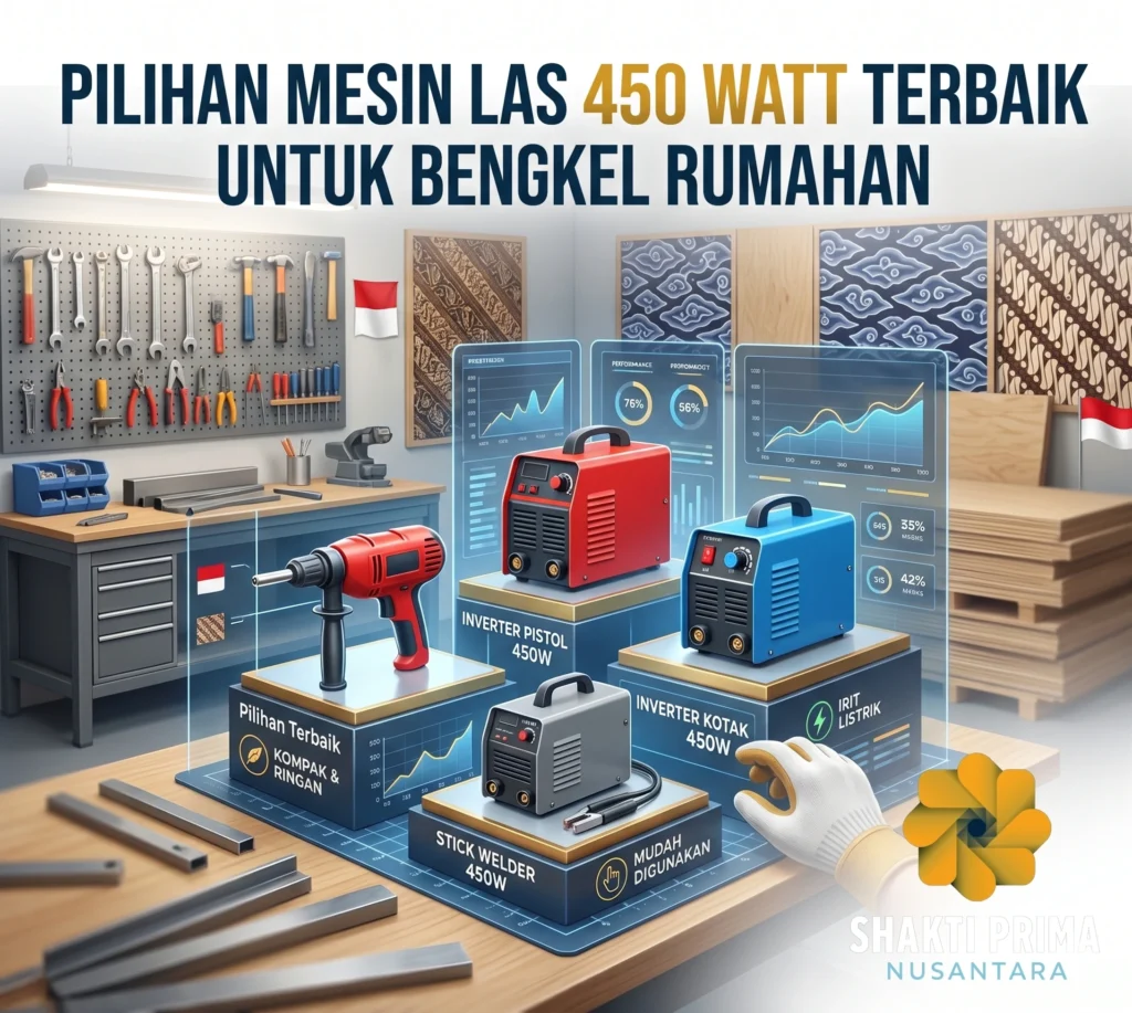 Pilihan mesin las 450 Watt terbaik untuk bengkel rumahan dari Shakti Prima Nusantara, mencakup model Inverter Pistol, Inverter Kotak, dan Stick Welder portabel.