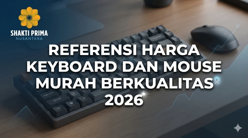 Infografis dari Shakti Prima Nusantara berjudul 'Referensi Harga Keyboard dan Mouse Murah Berkualitas 2026'. Latar belakang gambar menunjukkan tampilan jarak dekat (close-up) sebuah keyboard mekanik hitam minimalis dan mouse nirkabel di atas meja kayu. Logo Shakti Prima Nusantara terletak di pojok kiri atas.