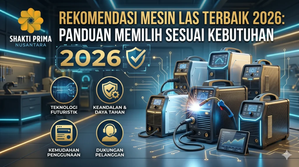 Infografis Rekomendasi Mesin Las Terbaik 2026 oleh Shakti Prima Nusantara, panduan memilih alat las berdasarkan teknologi futuristik dan daya tahan.