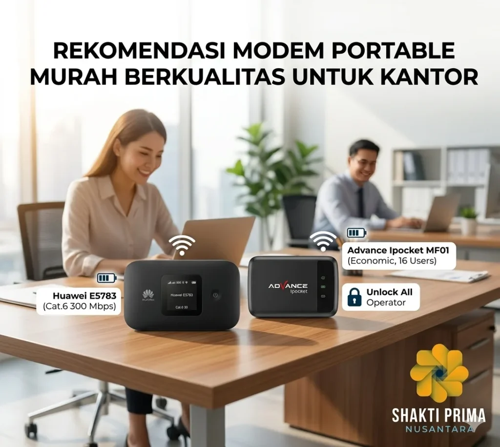 Infografis dari Shakti Prima Nusantara berjudul 'Rekomendasi Modem Portable Murah Berkualitas untuk Kantor'. Gambar menampilkan dua orang sedang bekerja di kantor dengan dua buah modem MiFi di atas meja: Huawei E5783 (Cat.6 300 Mbps) dan Advance Ipocket MF01 (Economic, 16 Users). Terdapat keterangan bahwa kedua modem tersebut berstatus 'Unlock All Operator'.